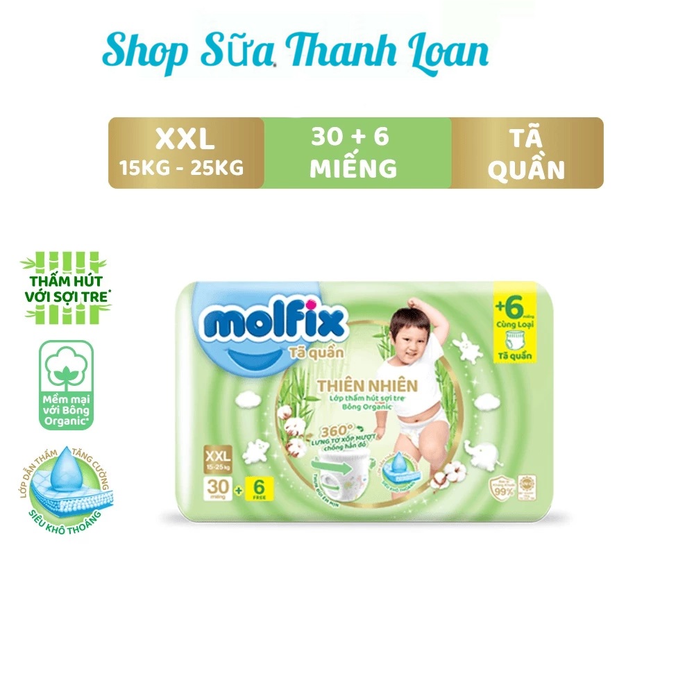 Tã/bỉm quần molfix thiên nhiên jumbo xxl - gói 28+6 miếng.