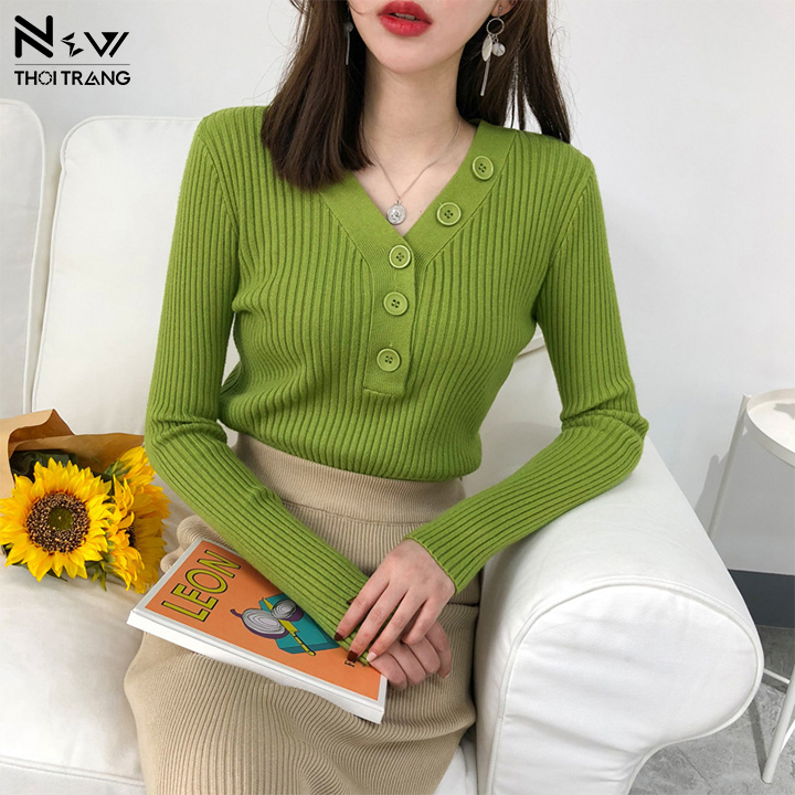 Áo Len Cổ V Co Giãn Đính Nút - New Thoi Trang