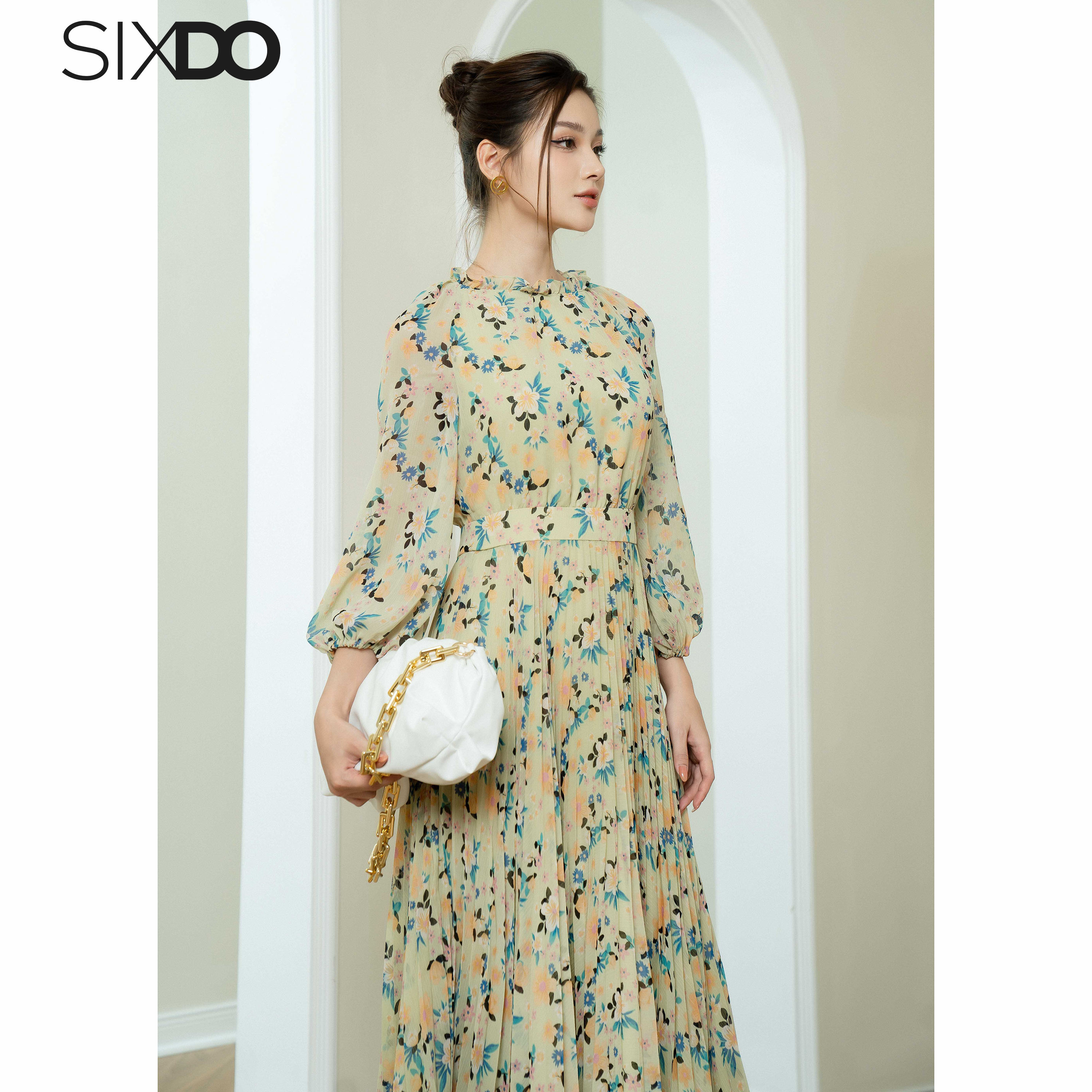 Đầm voan hoa dài tay cổ bèo SIXDO (Light Green Floral Midi Voile Dress)