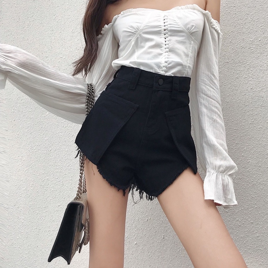 Quần short nữ cạp cao tua gấu, quần short jean kaki phong cách ulzzang_c32
