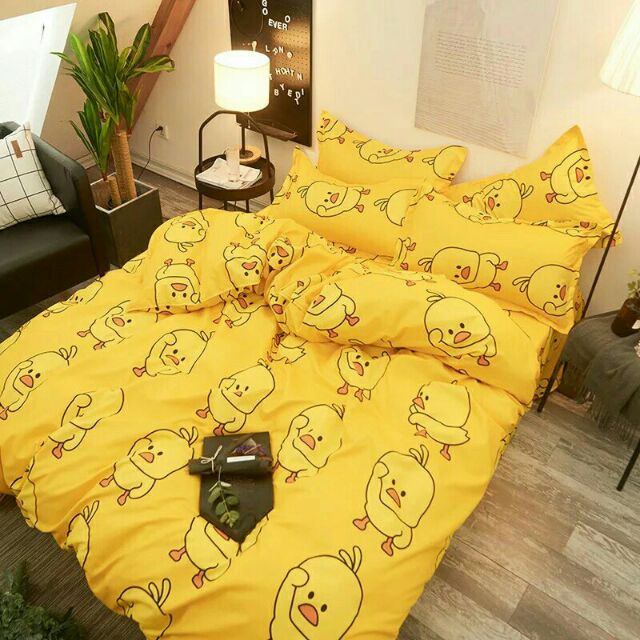 Bộ Ga Chun và 2 Vỏ Gối Chất Cotton Poly Mẫu VỊT VÀNG Dễ Thương