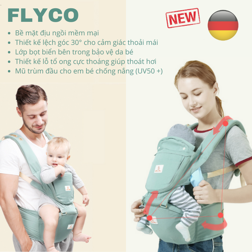 Địu đỡ cho em bé có túi đựng, chắn nắng gió Flyco PT4 hỗ trợ tư thế ngồi