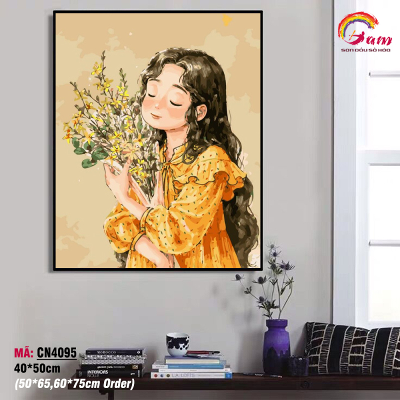 Tranh số hóa tự tô màu theo số Gam Cô gái độc thân ôm hoa vàng CN4095