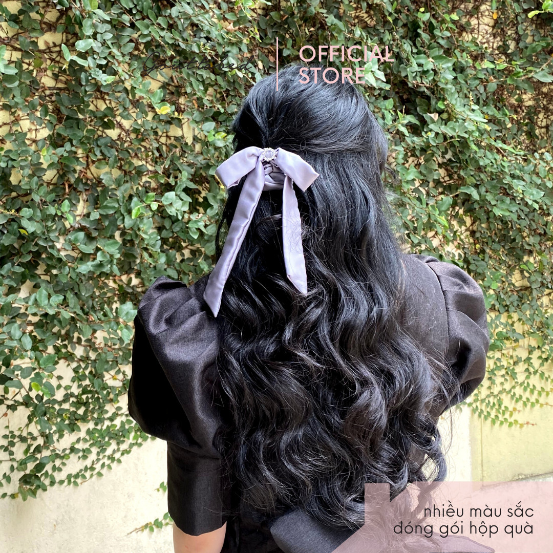 Scrunchies cột tóc nơ đính ngọc trai/đính đá Goûttobed Lụa Satin Silk (nhiều màu)