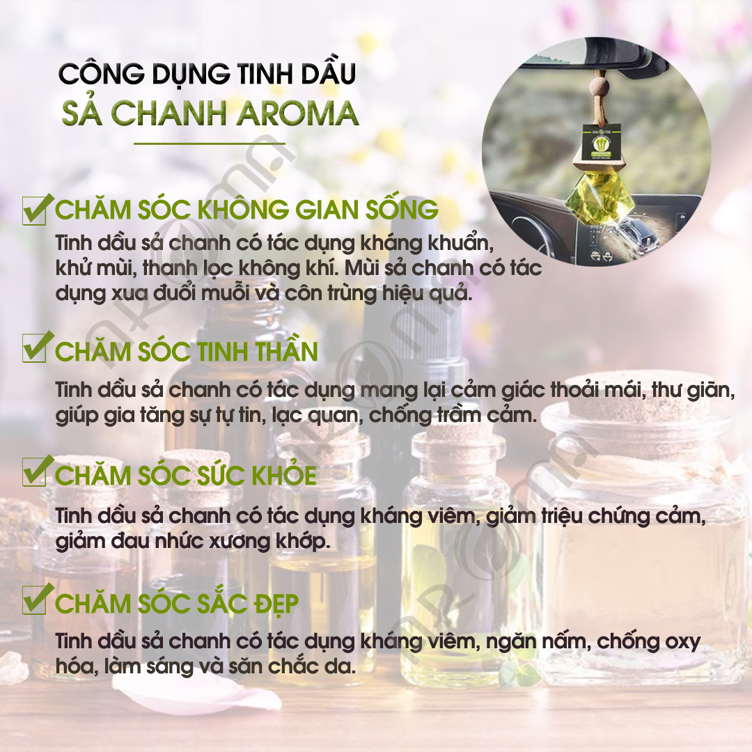 Tinh dầu Sả Chanh AROMA Lemongrass essential oil, tinh dầu thiên nhiên tự khuếch tán, chai kim cương treo ô tô, treo thơm phòng