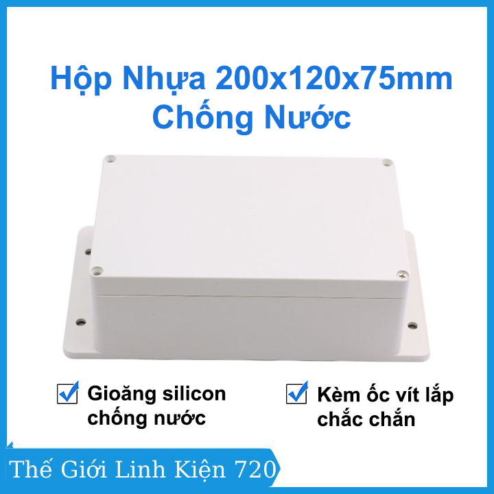 Hộp điện nhựa abs 200x120x75mm có tai, gioăng chống nước, đựng bảng mạch điện tử, lioa, hộp điện ngoài trời, hộp điện nổi chịu va đập tốt
