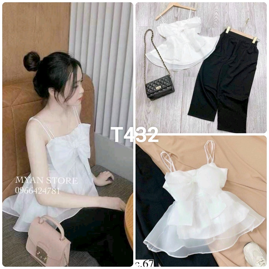 Set áo voan tơ kết nơ caco cấp - bộ áo 2 dây quần dài nữ T432