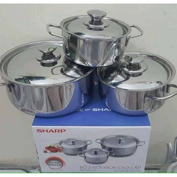Bộ 3 nồi inox sharp, thân và nắp nồi inox 410, nồi đáy từ dùng cho mọi loại bếp tiện lợi