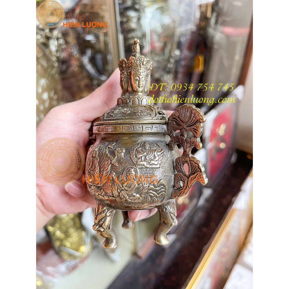 Lư Xông Trầm Phật Tứ Diện Bằng Đồng Cao 15cm MÀu Hun Giả Cổ