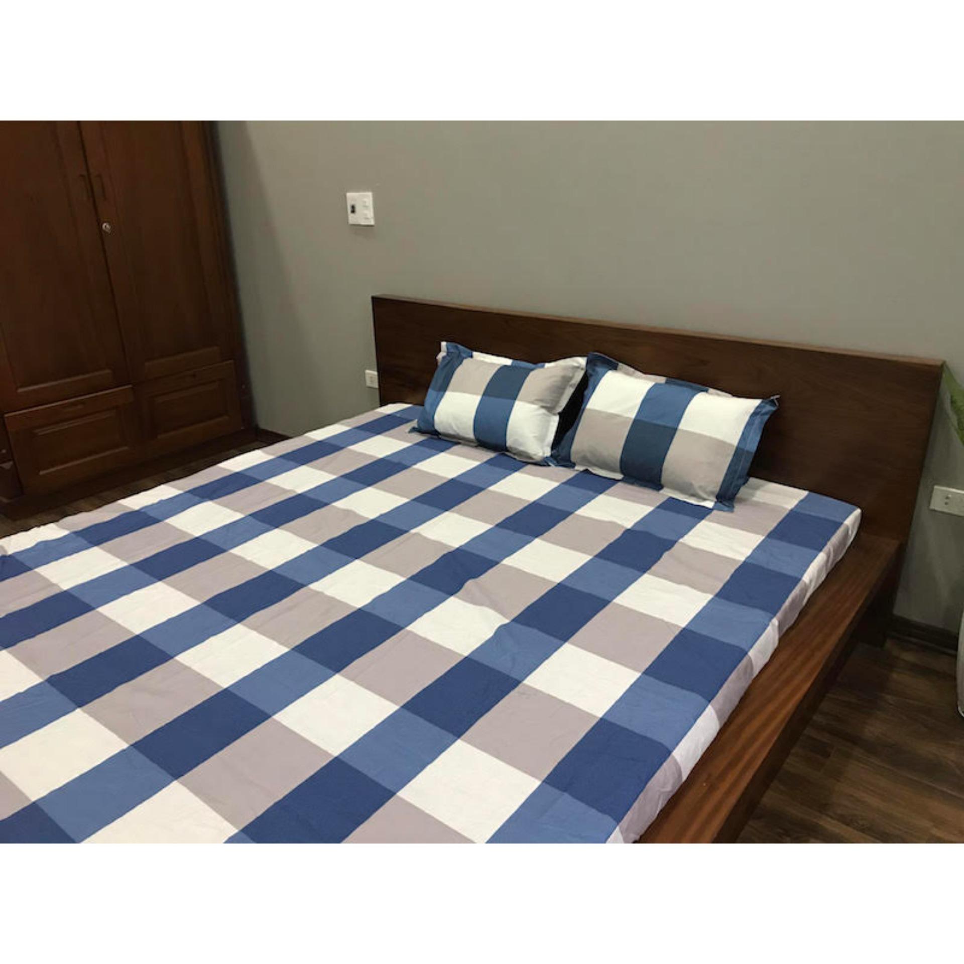 Bộ ga gối cotton Việt caro xanh.