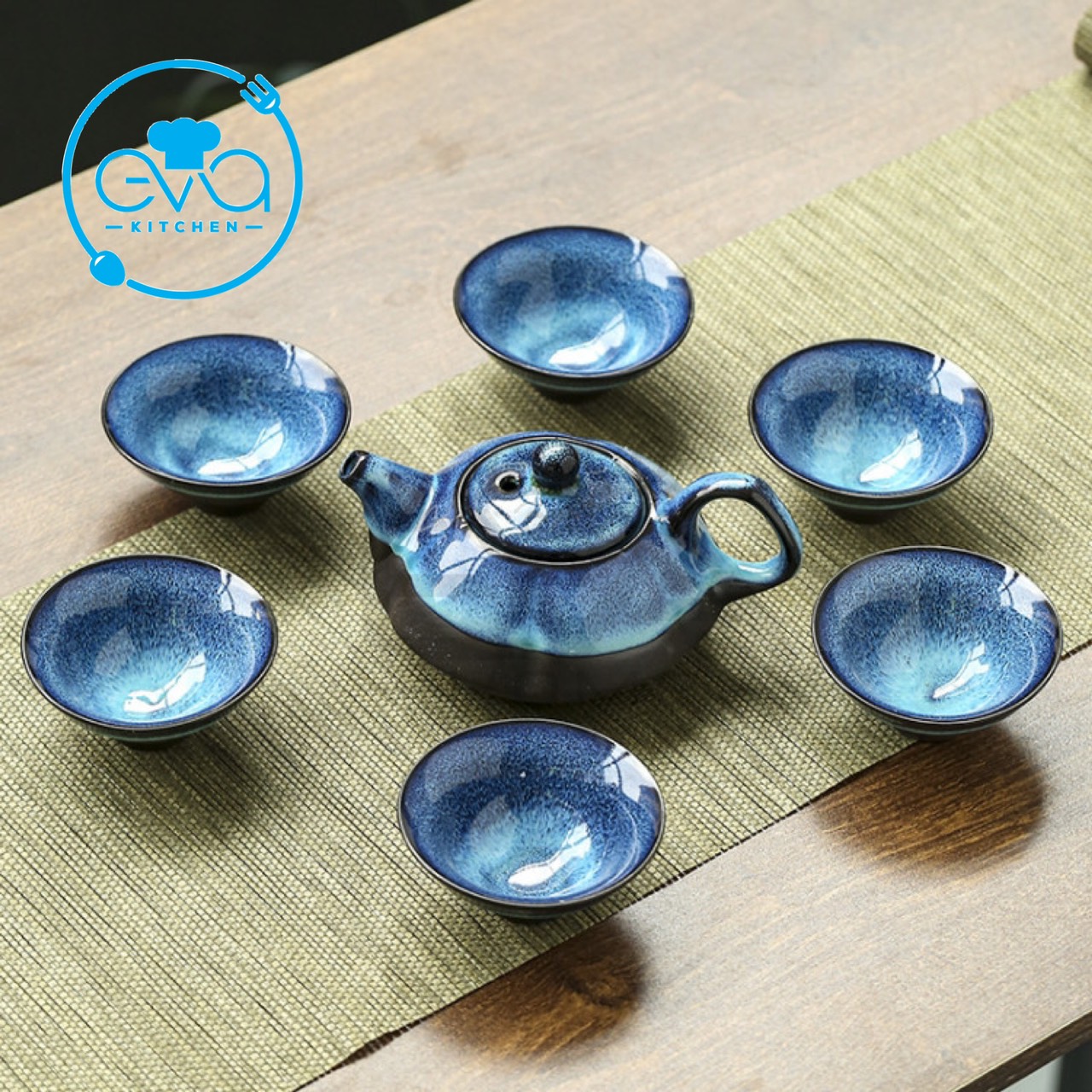 Bộ Ấm 6 Chén Pha Trà Men Xanh Thiên Mục Cao Cấp