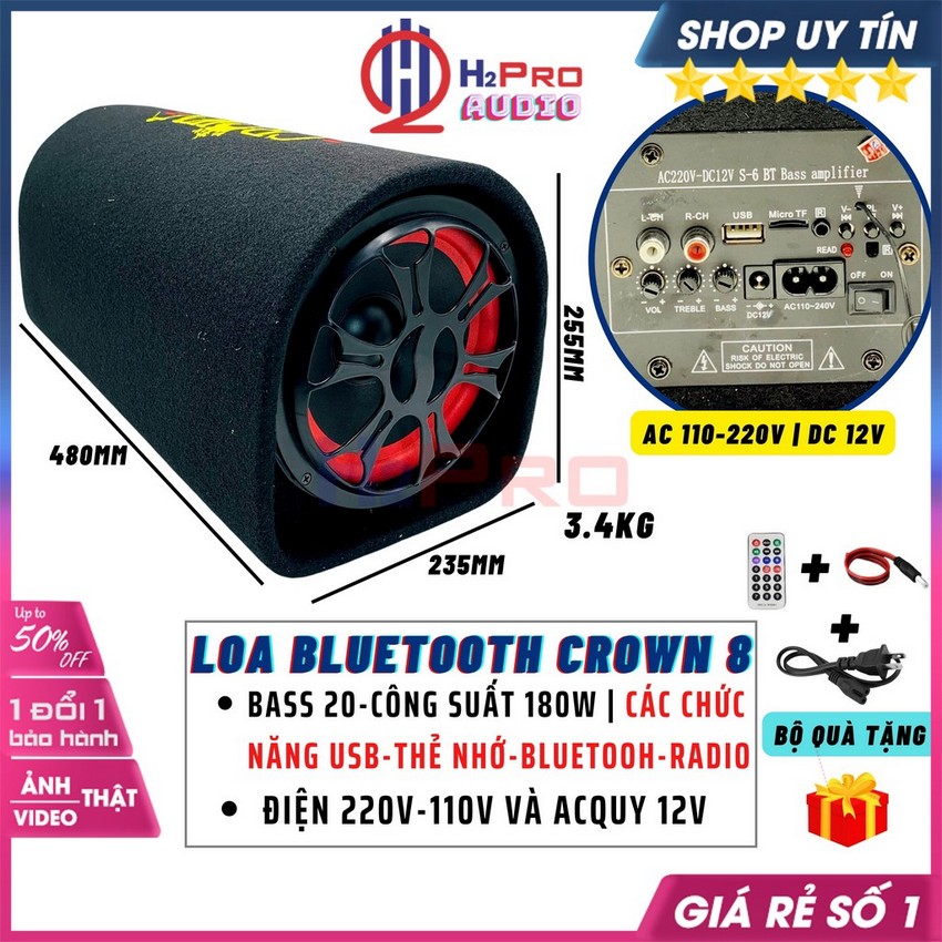 Loa bluetooth Crown 8 Bass 20-180W, Usb-Thẻ Nhớ-Radio Fm, Điện 12V-220V, Loa Bluetooth 12V Cho Ô Tô Nhạc Hay-H2Pro Audio