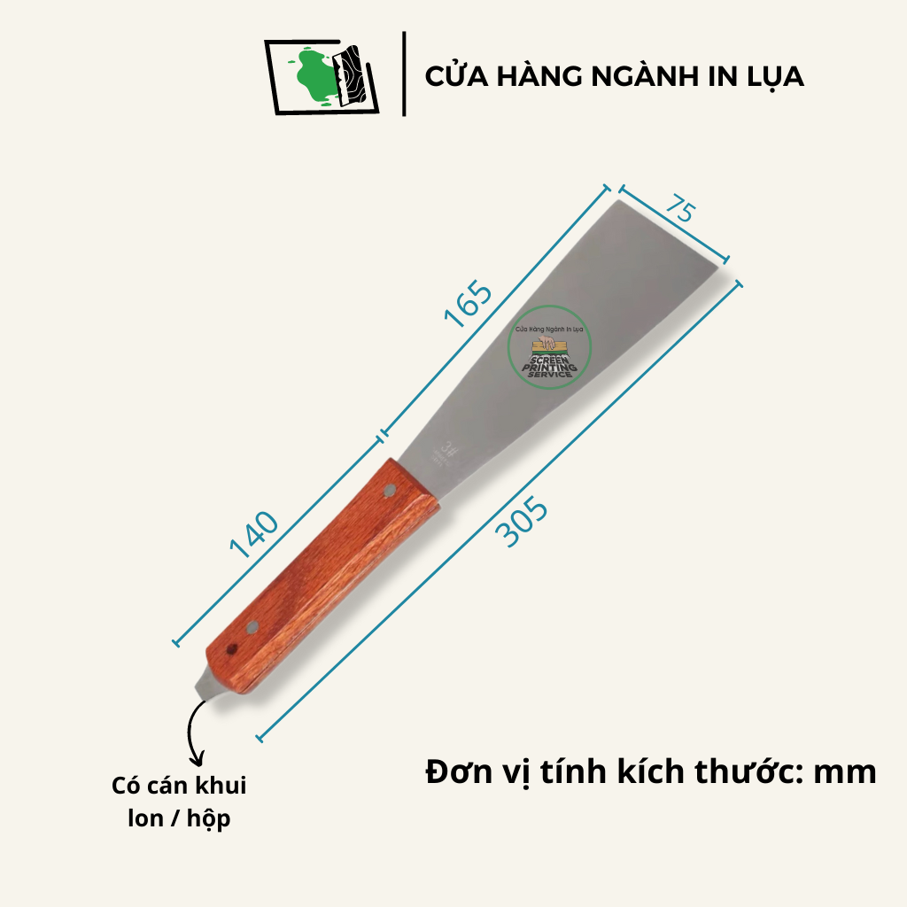 Dao inox khuấy mực in lụa, keo chụp bản
