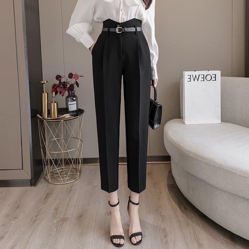 Quần baggy nữ cạp cao sẻ V kèm đai lưng