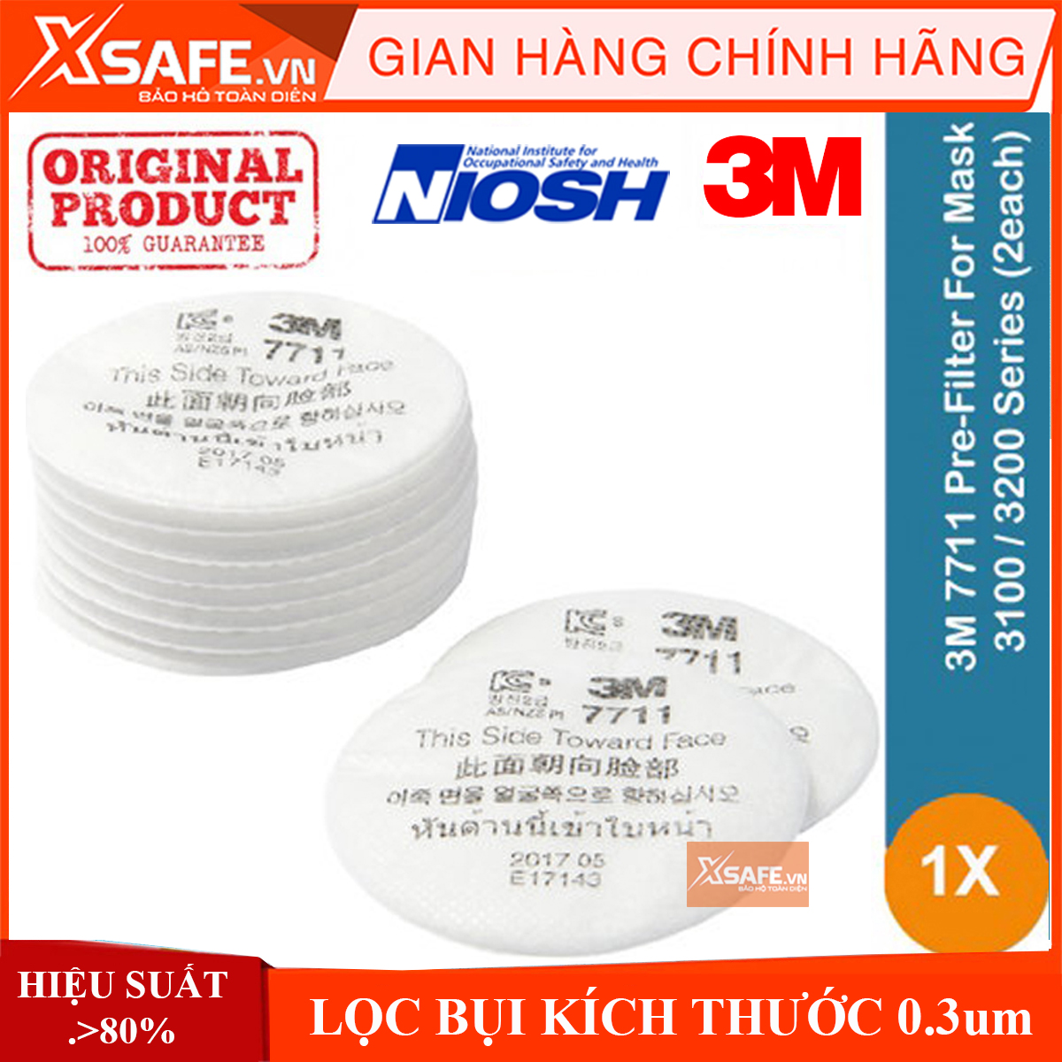 TÚI 10 TÂM LỌC BỤI 3M 7711 LỌC BỤI SIÊU MỊN ĐẾN 03UM DÙNG CHO PHIN LỌC 3M 3301K MẶT NẠ PHÒNG ĐỘC 3M 3200 (10 TẤM BÔNG LỌC 3M 7711)