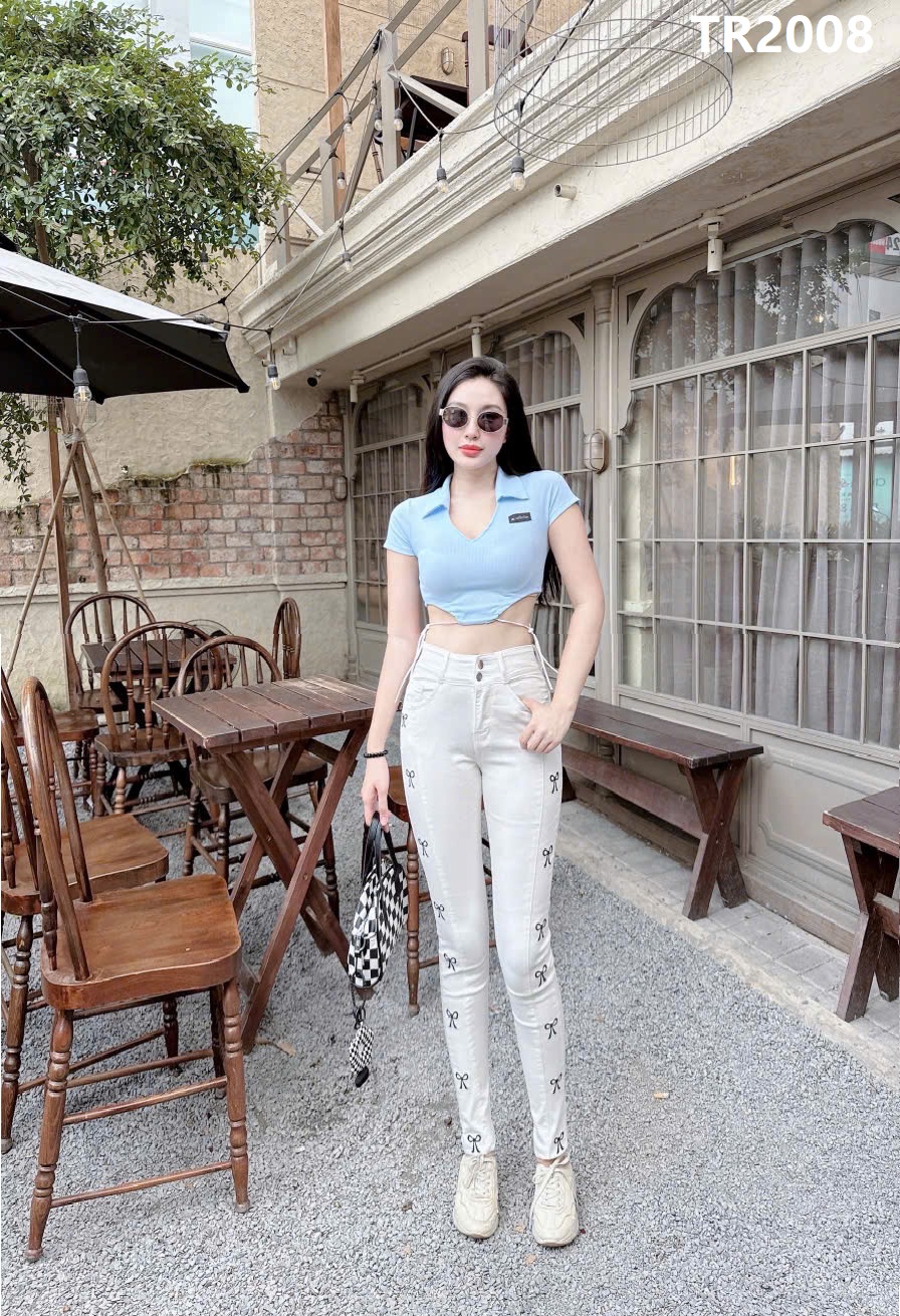 Quần jean nữ ống ôm thêu nơ sườn có 2 màu phog cách douyin từ 40-70kg