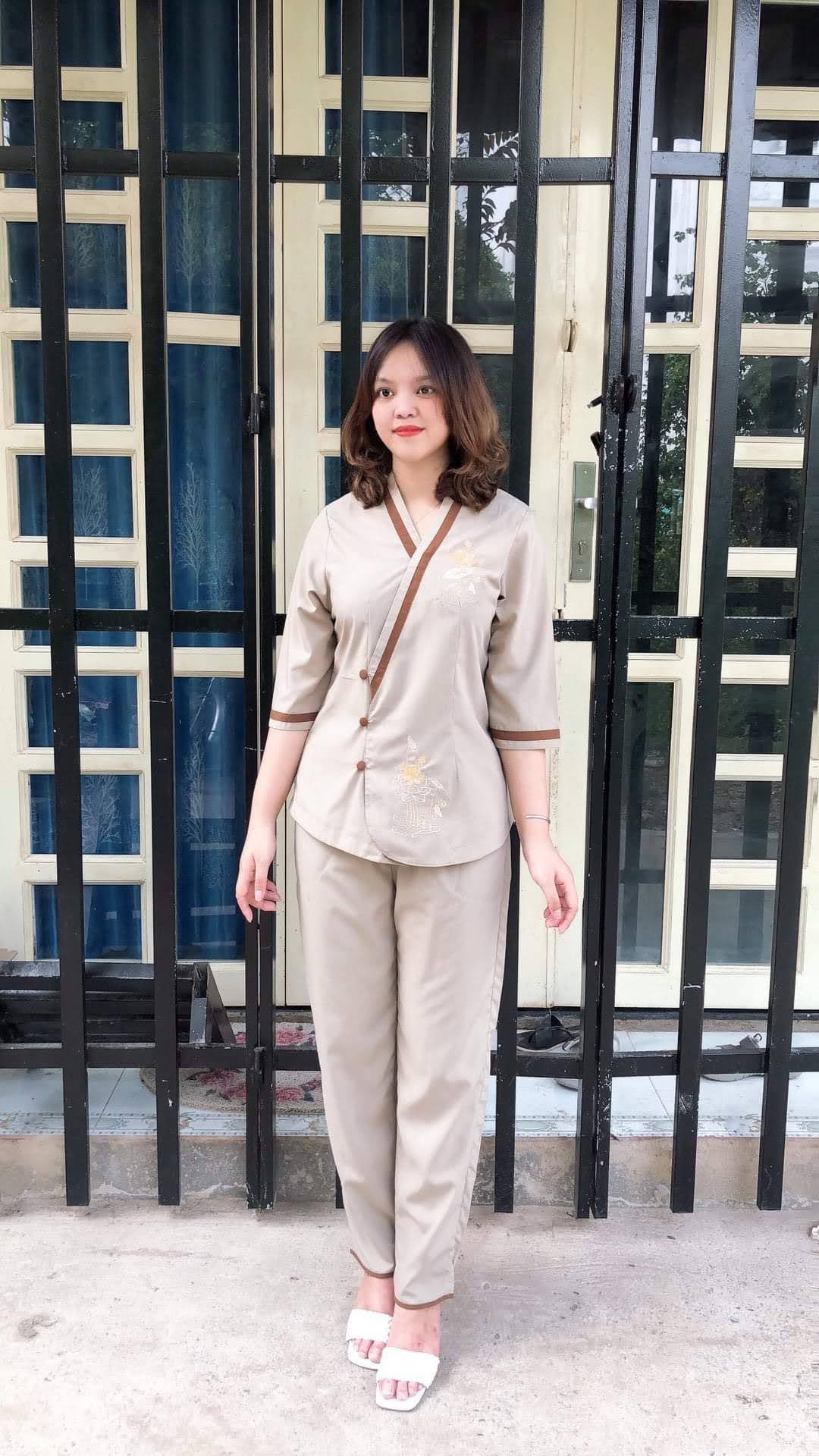 Đồ lam đi chùa nữ, đồ phật tử mẫu tim viền