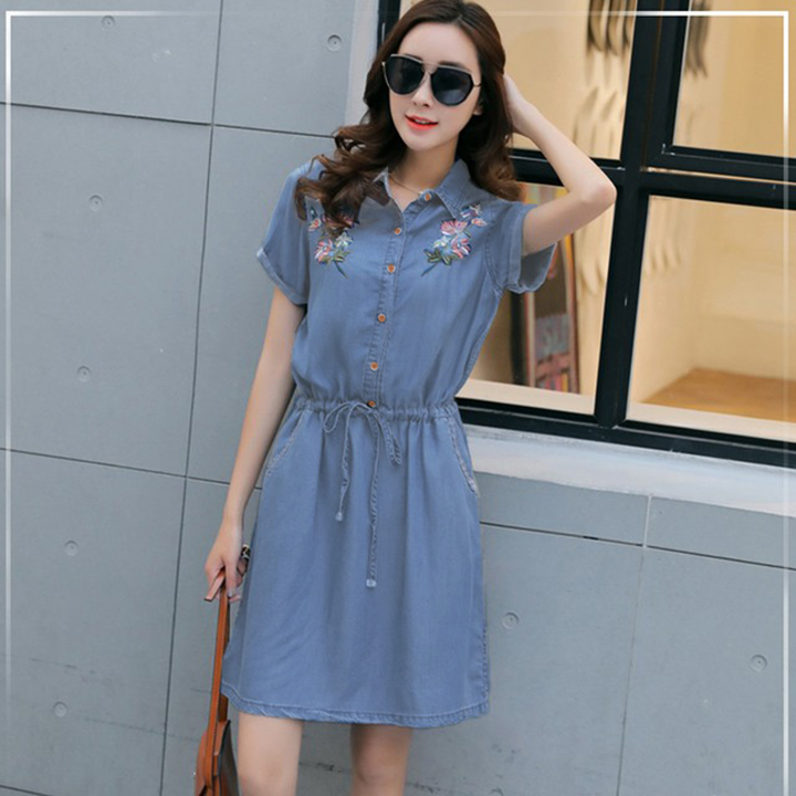 [HCM]Đầm Jean Nữ Thêu Hoa Dây Rút Eo