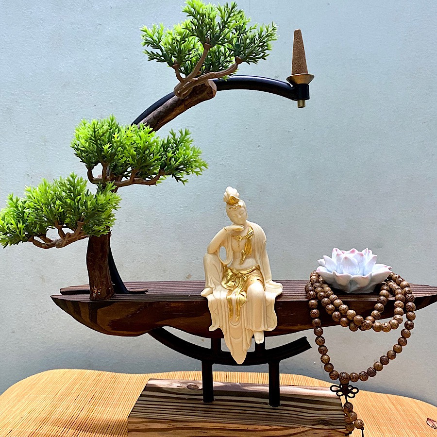 Bộ tượng quan âm tự tại và kệ gỗ thác khói 7 món