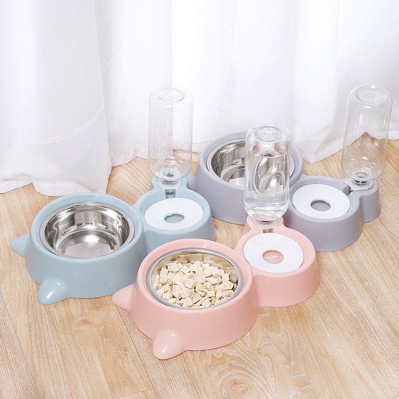 Bát đôi lòng inox cấp nước (kèm bình nước) cho chó mèo - mẫu tai mèo