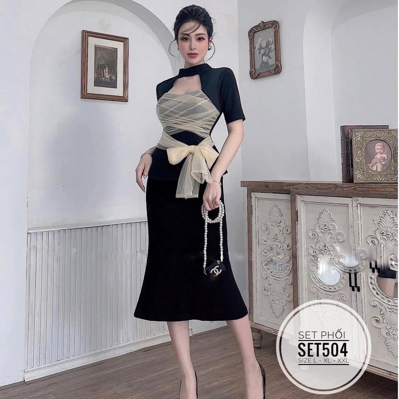Bigsize Set váy phối dây nơ SET504 ( có ảnh thật)