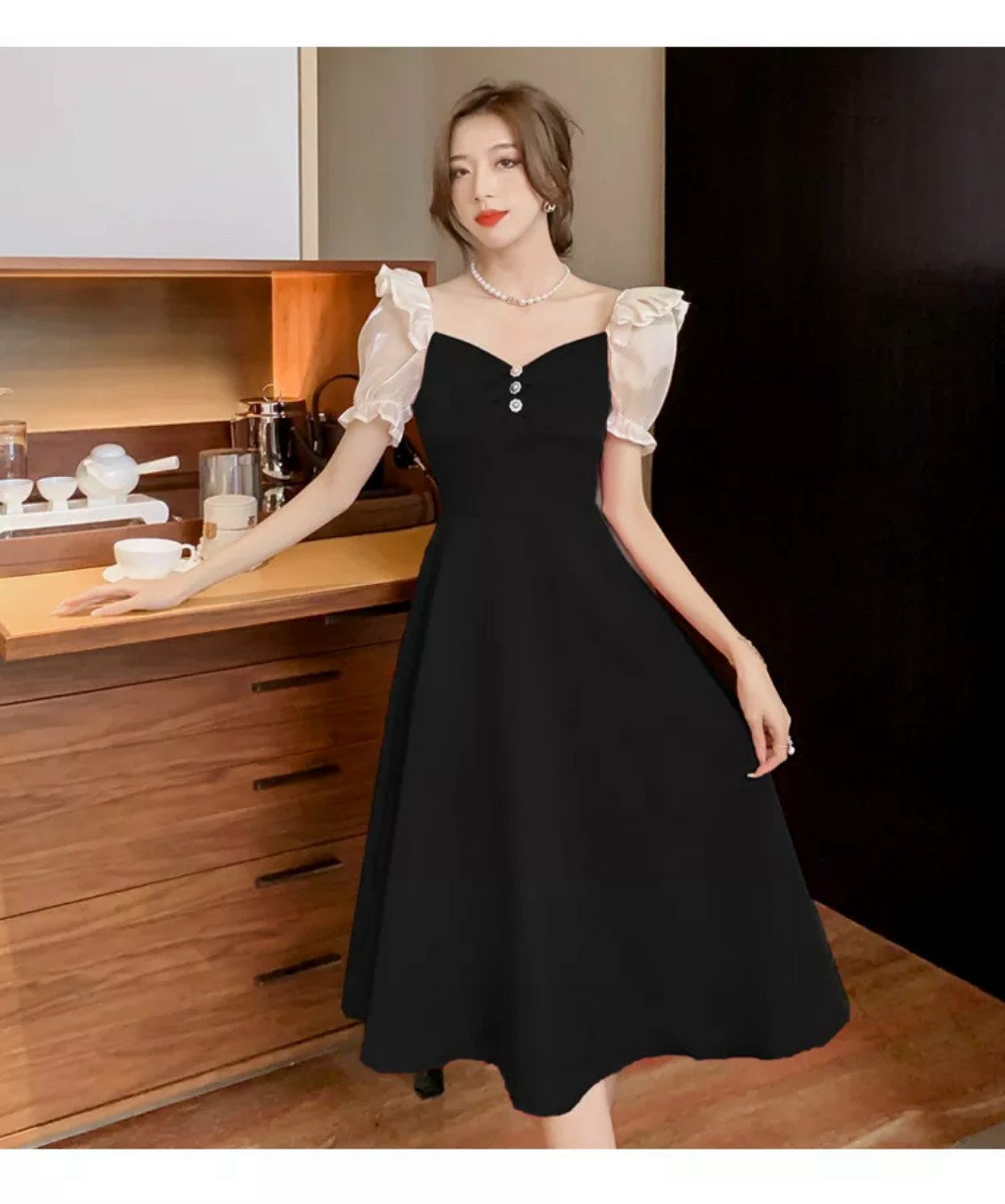 Đầm Tay Nhúm Bèo Phối Voan