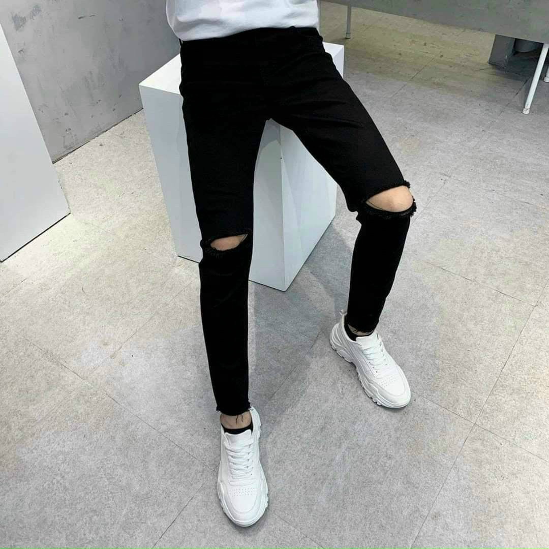 quần bò jean nam dài đen rách gối vẩy sơn kiểu đẹp,chất slimfit co giãn mạnh giá tốt TMFASHION