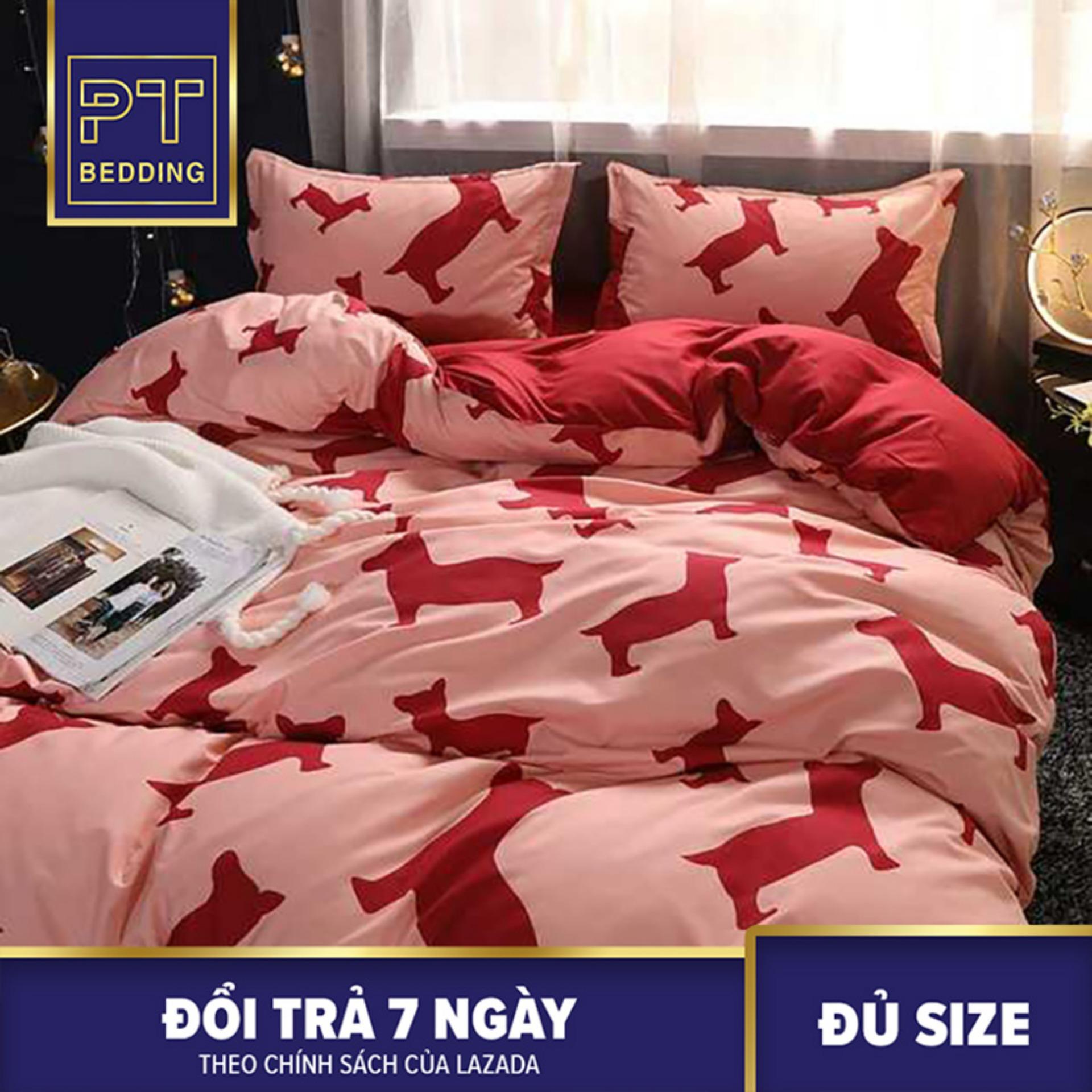 Bộ Chăn Ga Gối ( 01 Drap + 1 vỏ mền + 2 áo gối ) Đỏ Chú Chó Vui Nhộn