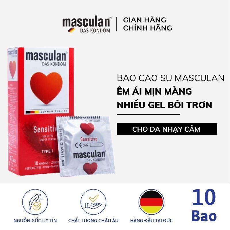 Hộp 10 Bao cao su Đức Masculan Sensitive - Dành cho da nhạy cảm - Bề mặt mềm mượt tăng khoái cảm