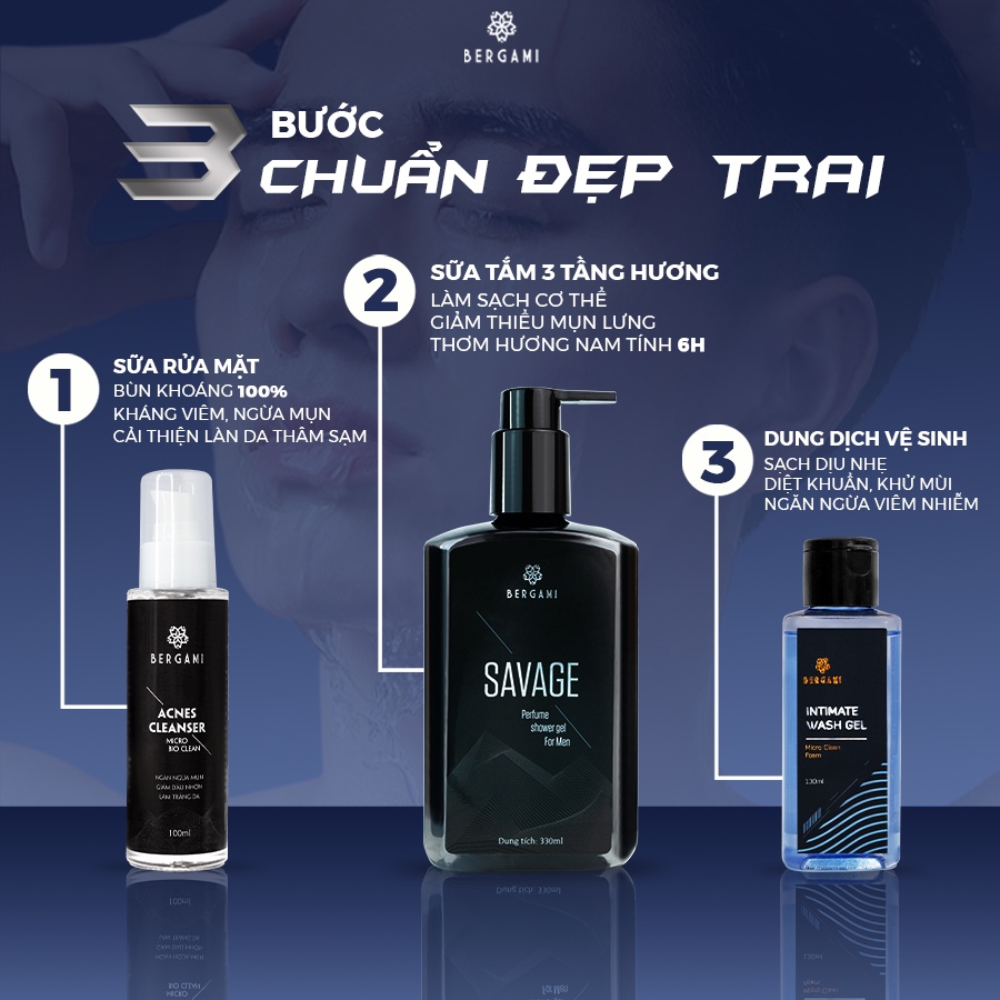 Combo Quà Tặng Nam Giới Bergami, Sữa Tắm Nước Hoa Nam 330ml & Dung Dịch Vệ Sinh Nam 130ml & Sữa Rửa Mặt Nam 100ml