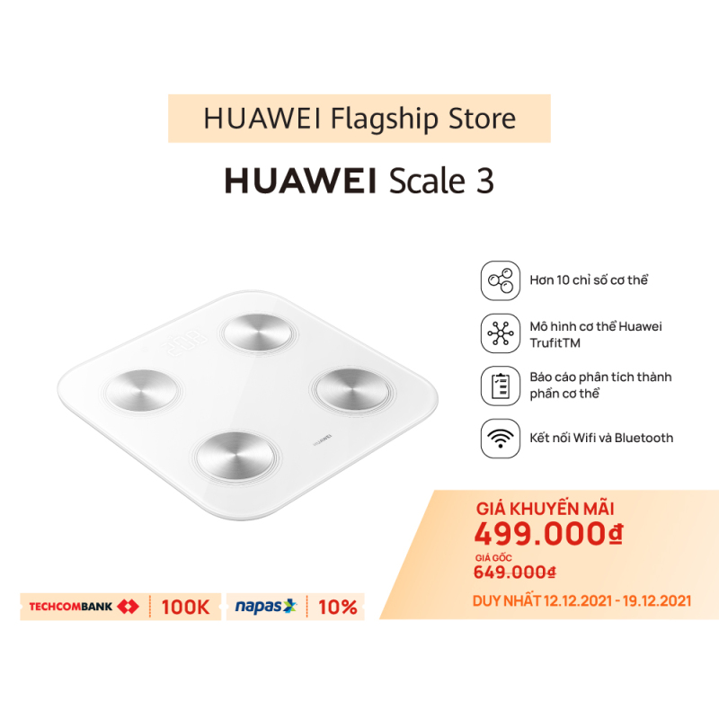 Cân điện tử HUAWEI Scale 3 | Hơn 10 chỉ số cơ thể | Mô hình cơ thể Huawei TrufitTM | Kết nối Wifi và Bluetooth | Hàng Phân Phối Chính Hãng cao cấp