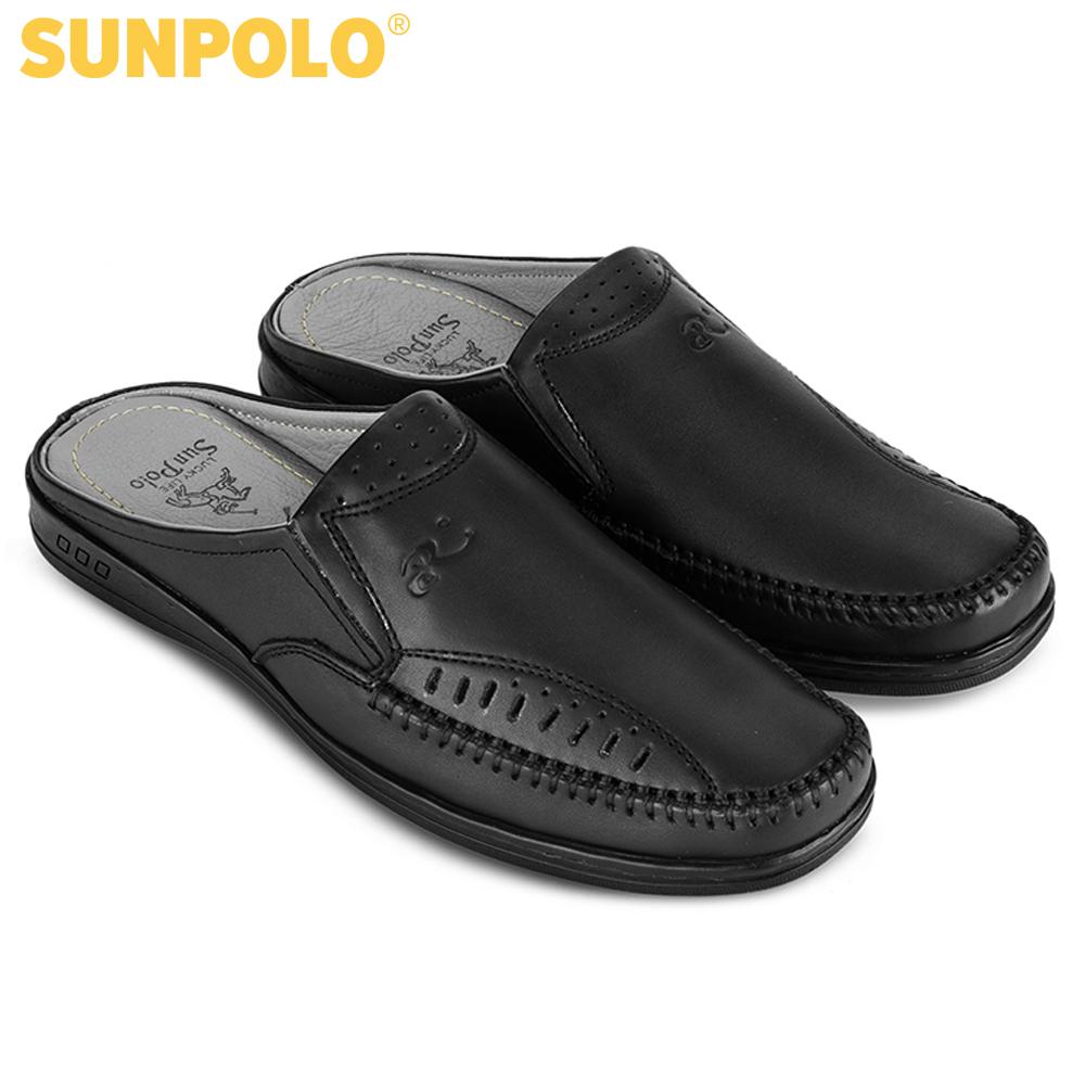Dép sabo nam da bò SUNPOLO SPO196 (Đen)