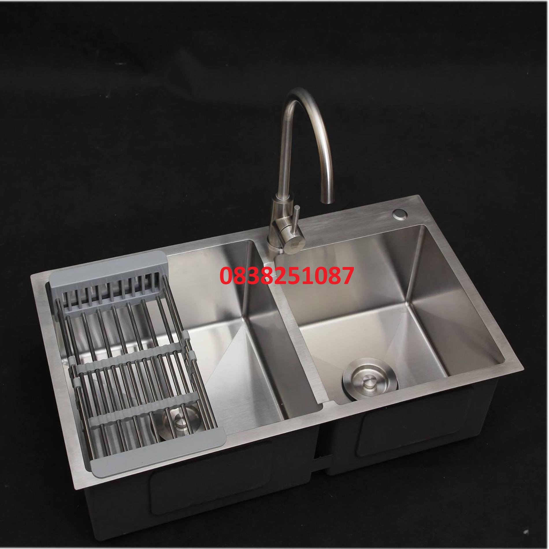 [HCM]Chậu rửa bát Inox 304 KOREA Đúc Nguyên Khối 82 x 45cm 2 hố lệch (tặng Vòi rửa nóng lạnh+ kệ để đồ)