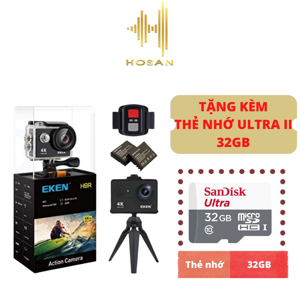 Combo camera hành trình HOSAN Eken H9r Hộp Kính – Máy quay hành động phiên bản mới nhất  thêm dock sạc đôi, 2 pin, tripod