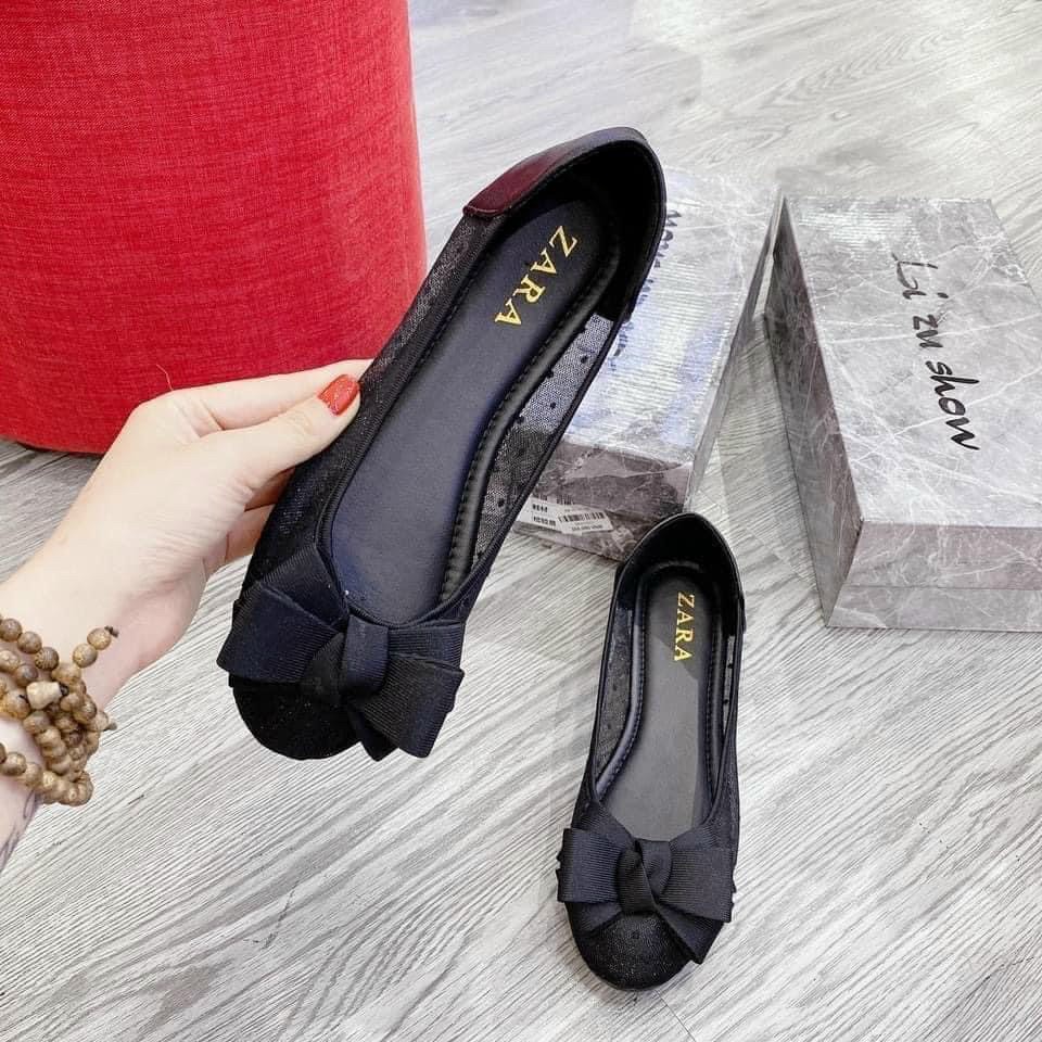 giày búp bê siêu dễ thương nơ lụa đen mũi nhọn