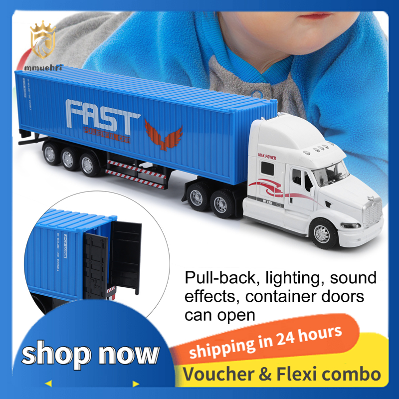 1:48 Container Truck Vehicle Model Toy Pull‑Back Children Vehicle Toy with Light Sound (White+blue)