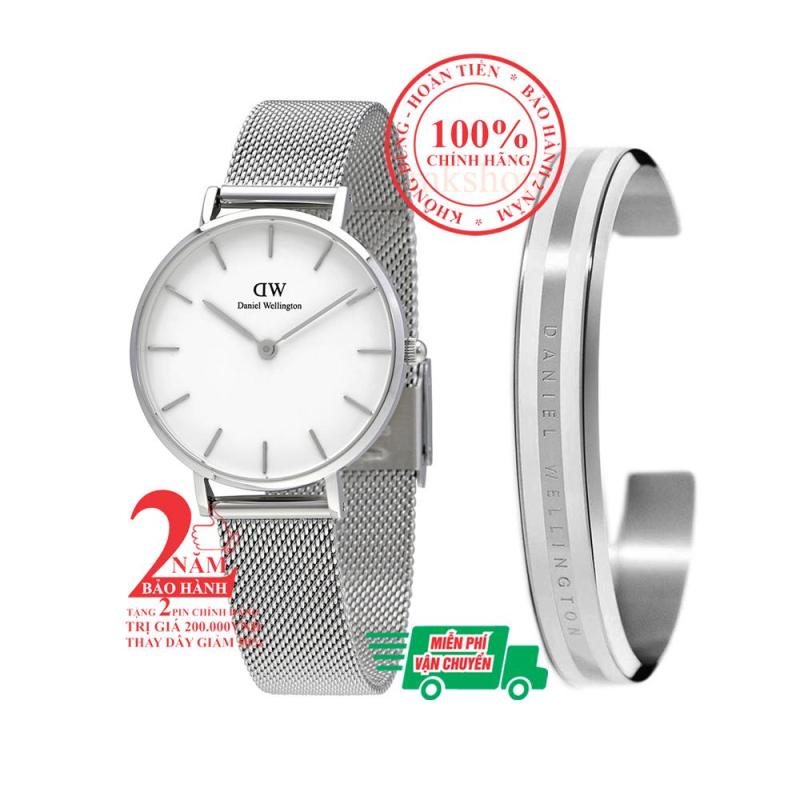 [NEW] Bộ quà tặng đồng hồ nữ Daniel Welington Classic Petite Sterling 28mm (Mặt trắng) + Vòng tay DW Bracelet - màu bạc (Silver)- DW00500428