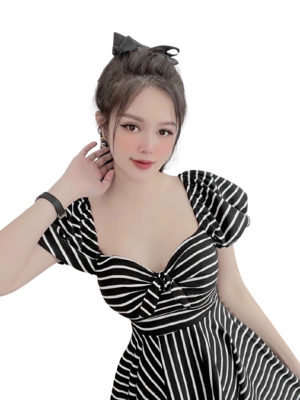 Váy đầm sọc dáng xòe trễ vai