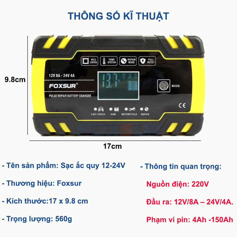 Sạc bình ắc quy 12V 24V 6Ah - 150Ah FOXSUR