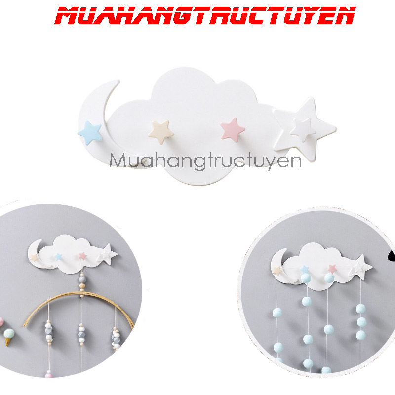 Móc Dán Tường Siêu Dính Treo Đồ phụ kiện, Chìa Khóa, Nón Mũ.. Hình Đám Mây Decor, Trang Trí, Chất Liệu Nhựa 100% Y Hình Chụp, móc treo tủ quần áo, nhà bếp, có 4 móc chịu lực