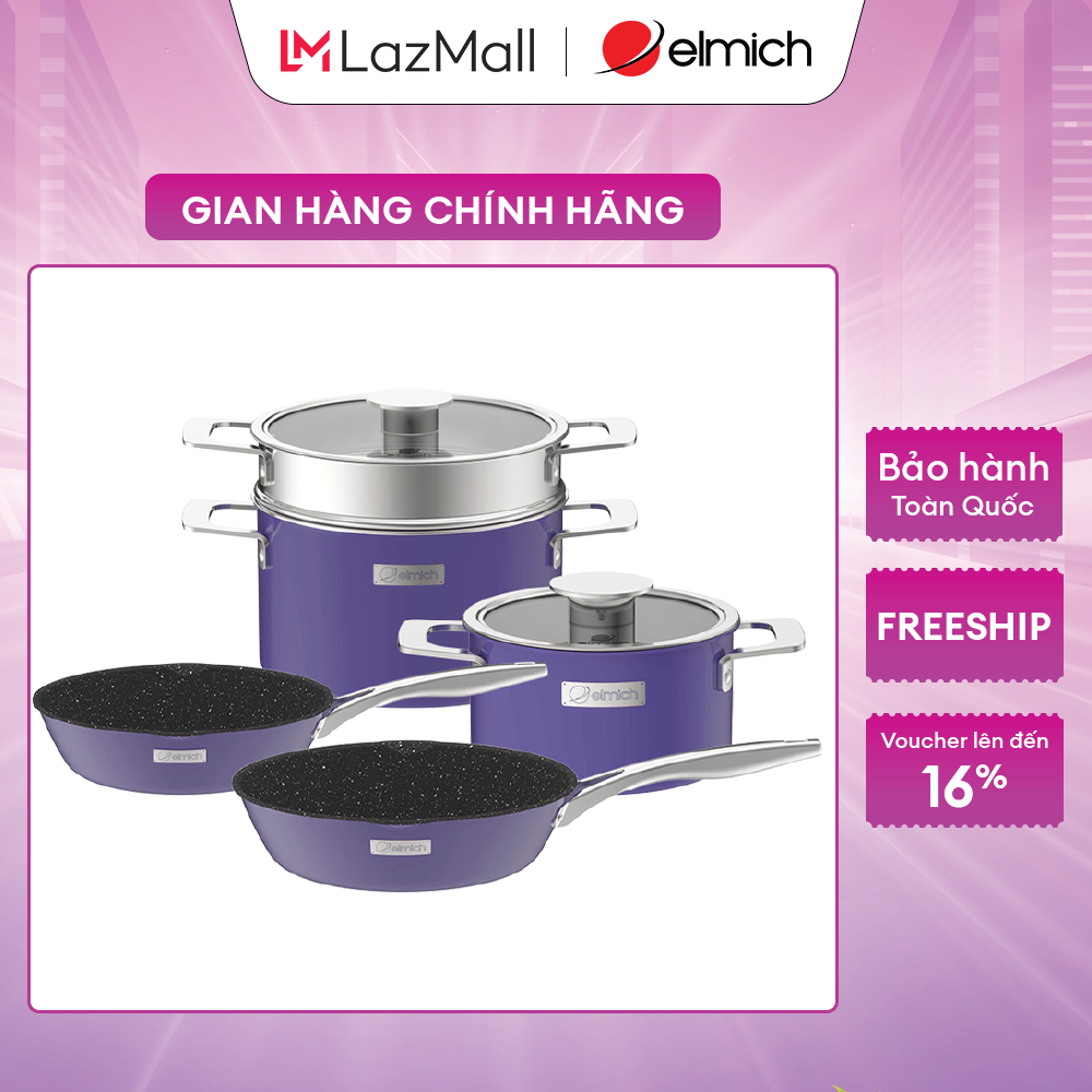 Bộ nồi inox liền khối elmich hera el-8194 size 18, nồi hấp 22 chảo 20, chảo 26cm