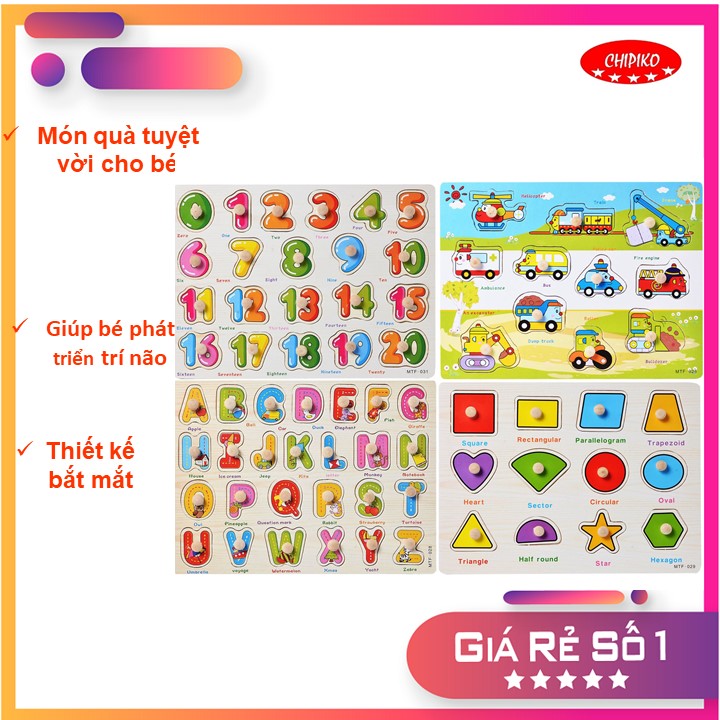 COMBO 4 bảng ghép hình núm gỗGiao thông, hình học, Chữ, Số