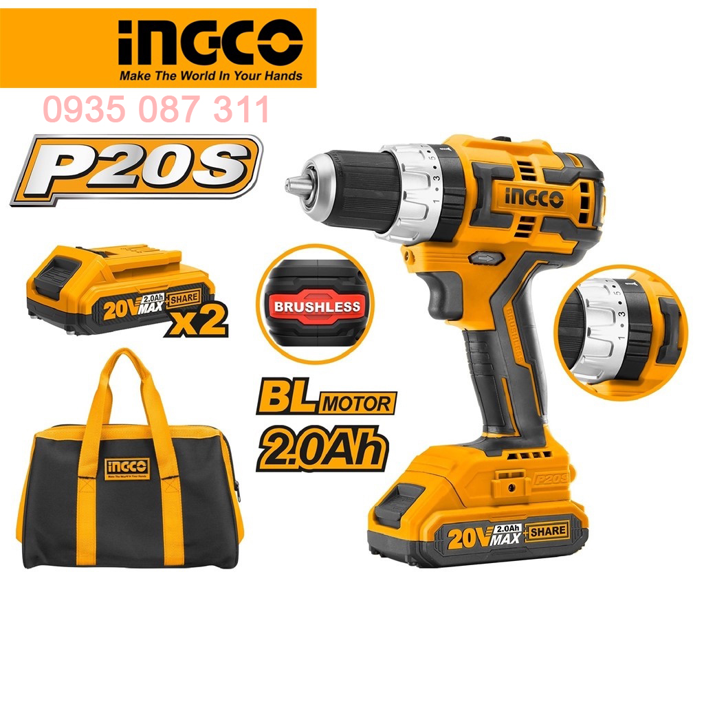 Máy khoan pin motor không chổi than 3 chức năng có búa ingco cidli20608 dùng pin 20v đầu kẹp autolock, momen xoắn 60nm.