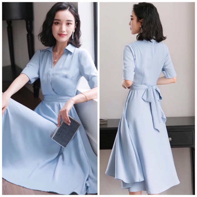 [HCM]Đầm xanh biển cổ bẻ (kèm hình thật)