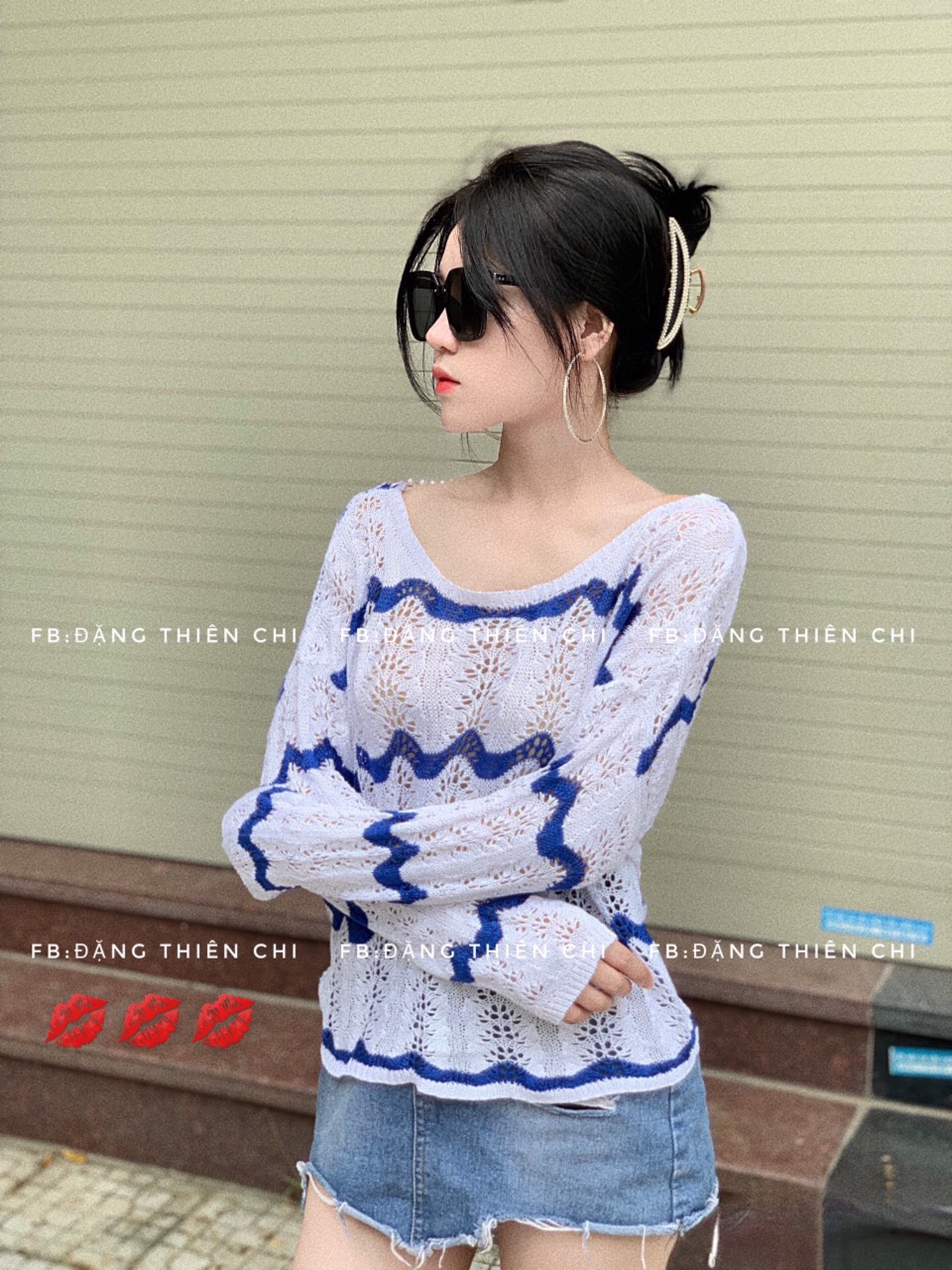 Áo len lưới xoắn lưng dây ngọc lượn sóng