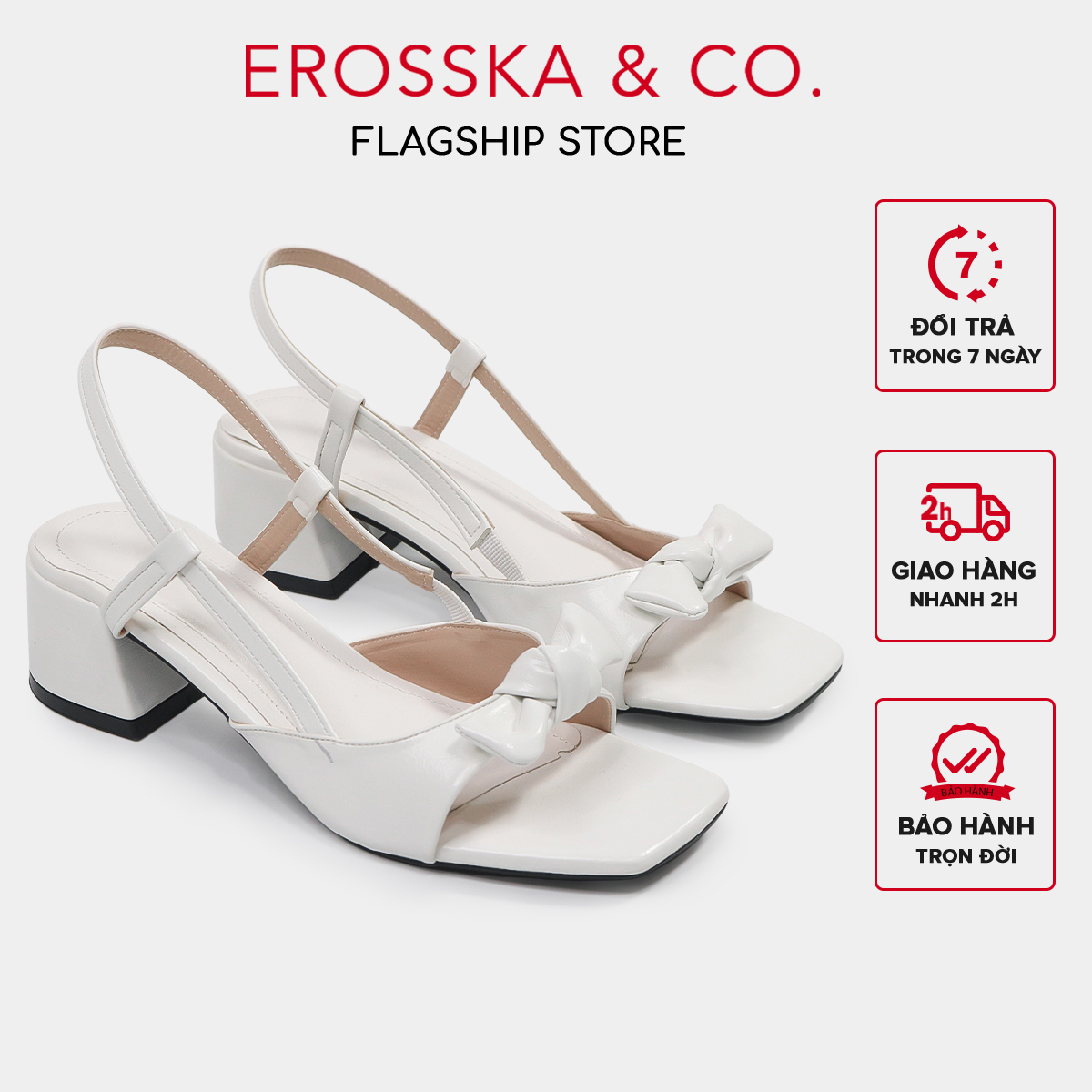 Erosska - Giày sandal cao gót nữ mũi vuông phối nơ quai mảnh màu bạc - EM113