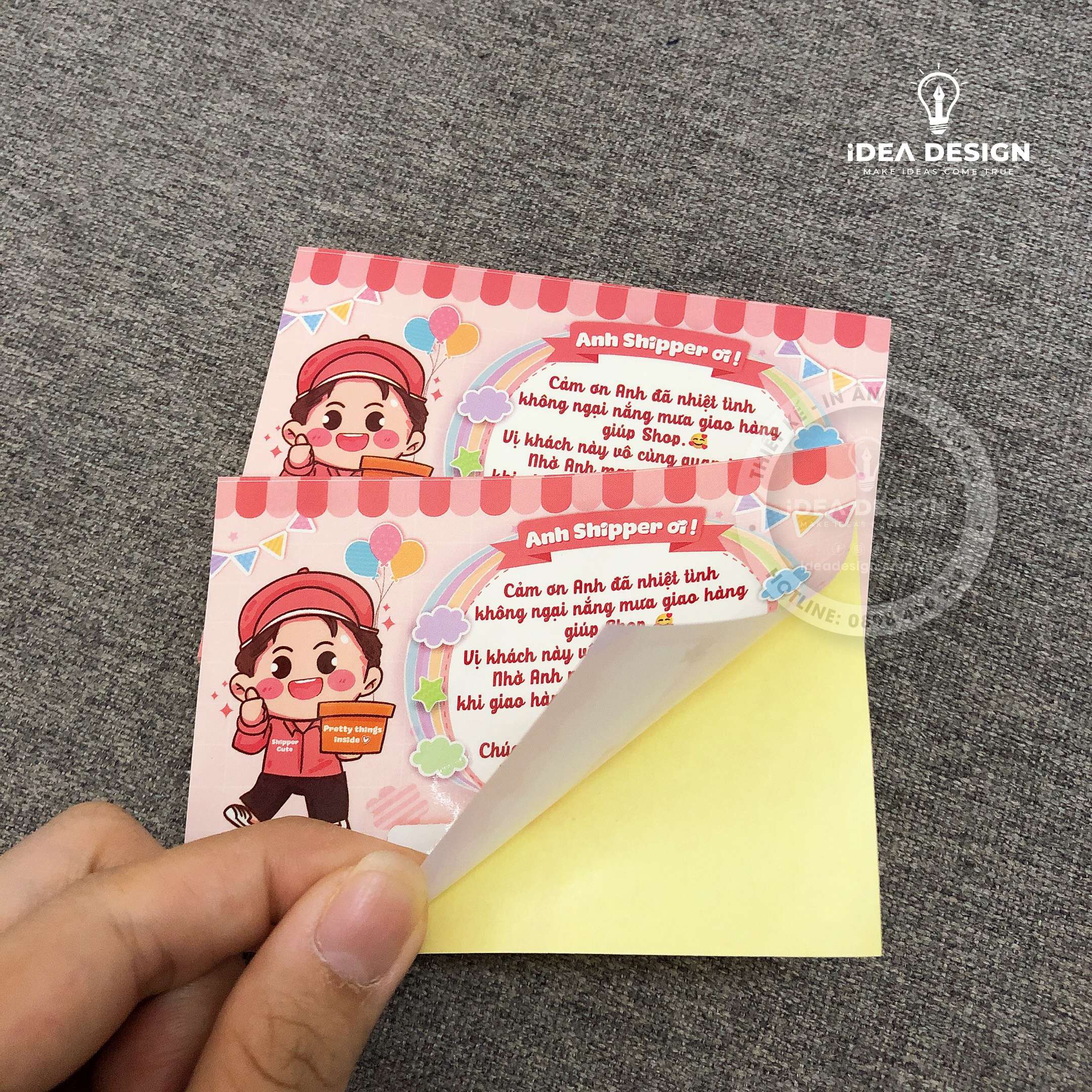 Decal Dán, Tem Nhãn Dán Cám Ơn Anh Shipper Có Ô Ghi Vận Đơn Và Keo Dính - Size 10x7cm Cán Màn Bóng, Chống Nước, Màu Cam Pastel