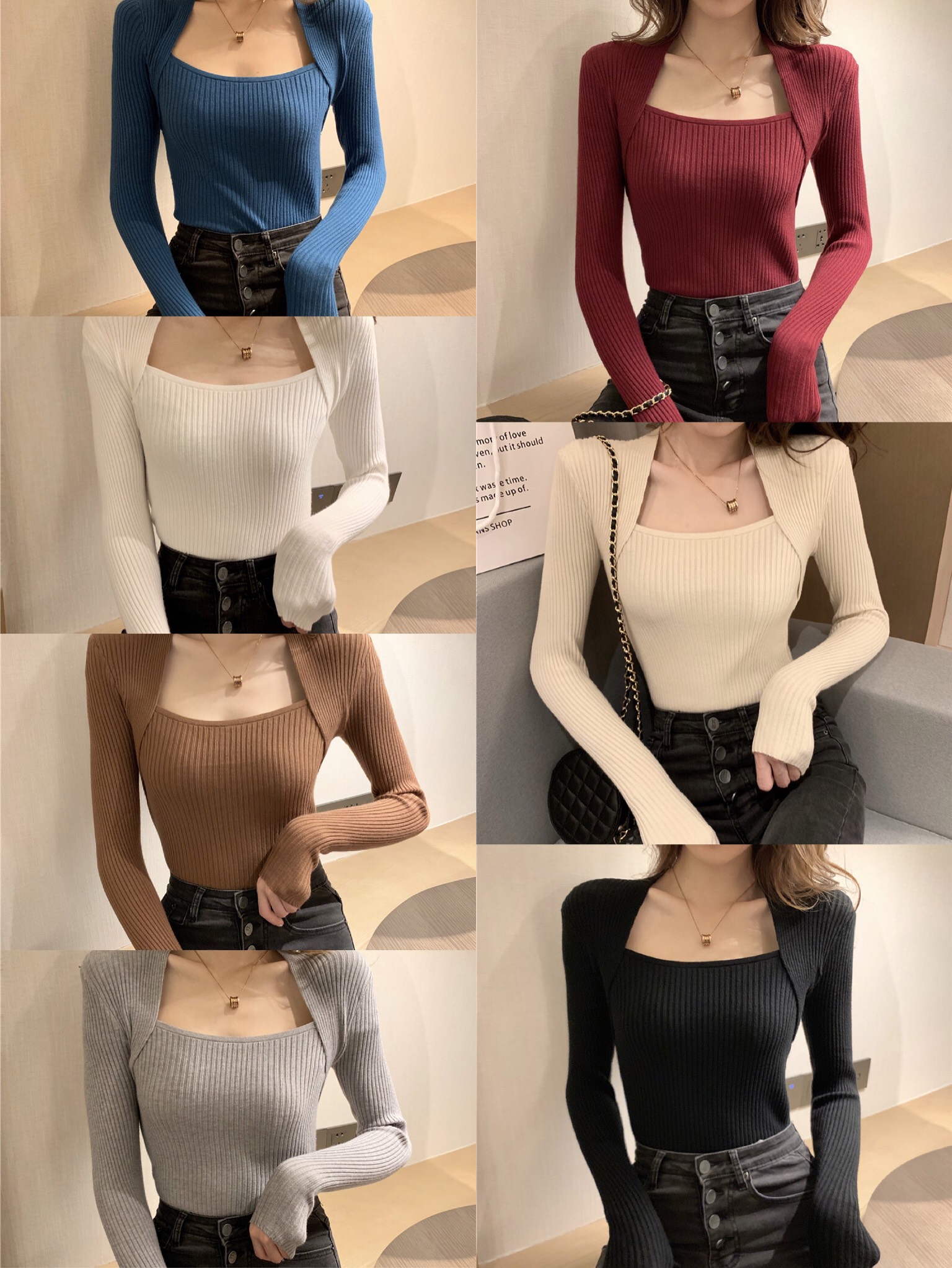 Áo len cổ vuông dài tay
