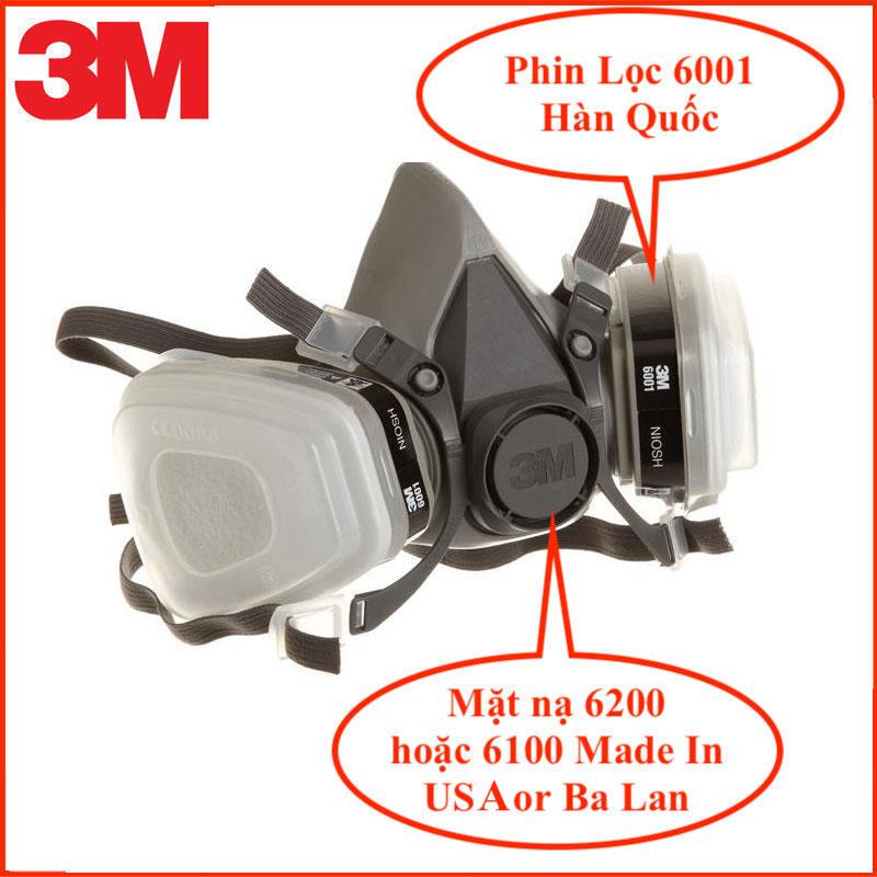 Bộ mặt nạ bảo hộ phòng độc 3M 6200 đủ bộ đầy đủ chi tiết sử dụng 2 phin lọc 3M 6001 Hàn Quốc dùng trong môi trường nhiễm khí độc hữu cơ, chống bụi độc hại siêu mịn PM2.5, phòng khói đám cháy, sơn PU, ph