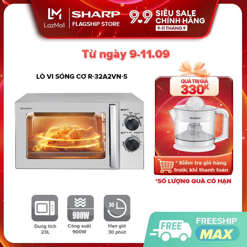 Lò vi sóng cơ Sharp R-32A2VN-S (23 lít) , kích thước nhỏ gọn và tiết kiệm không gian, hàng chính hãng bảo hành 12 tháng